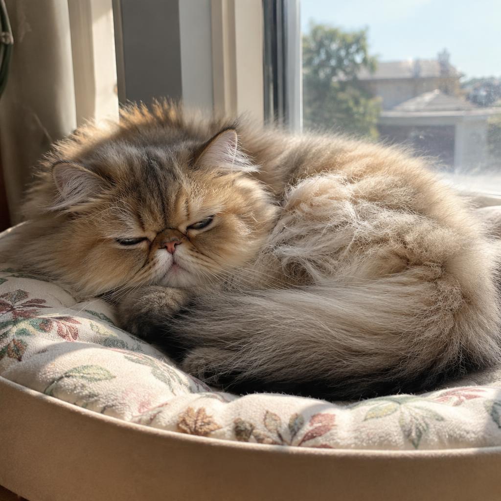 A content Persian cat dozing peacefully on a sunny windowsill