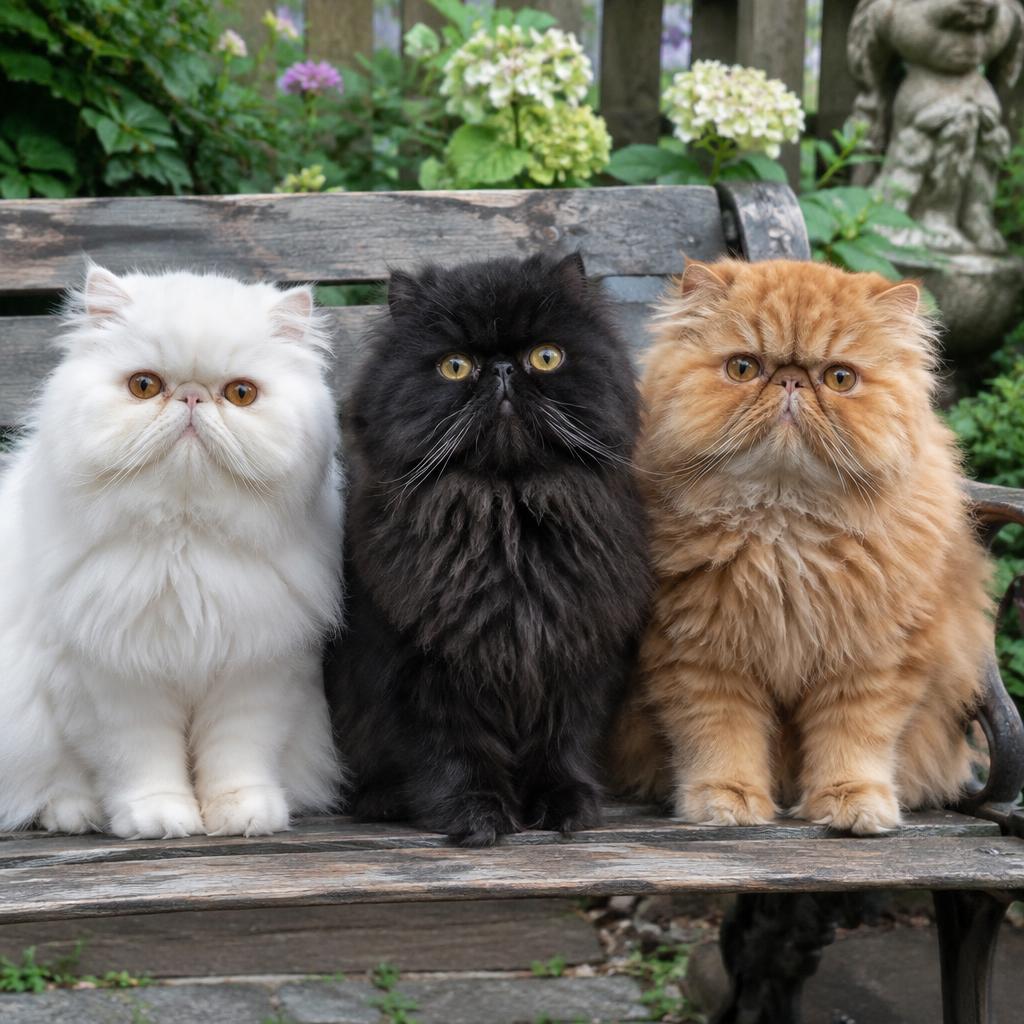 Three Persian cats in white, black and orange sitting side by side on a garden bench