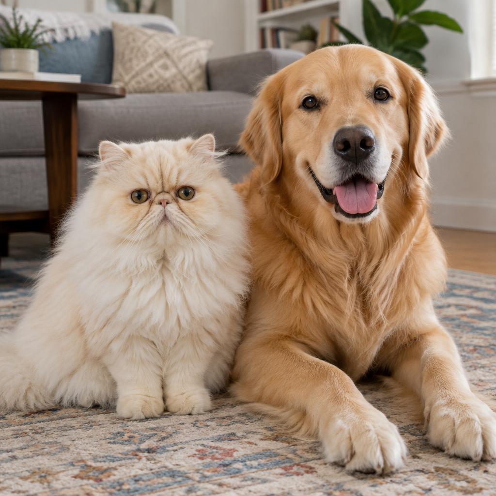 A cream Persian cat sitting calmly beside a friendly golden retriever